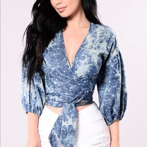 Denim star studded wrap top from fashion nova.